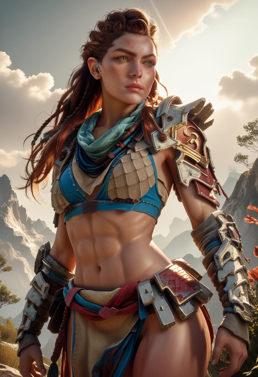 1woman, (Aloy:1.37), (Horizon Forbidden West Aloy:1.27),slim and slender, lightly toned muscles, reddish brown hair, braids and hair ornaments, detailed green eyes, freckles, (wearing bikini armor:1.37), midriff, thighs showing, ultra-detailed, beautifully detailed face, sharp green eyes, detailed lips, dynamic action pose, (cowboy shot:1.3), (wide angle), outdoor mountain landscape background, warm lighting, vibrant color palette, d3t41l3d