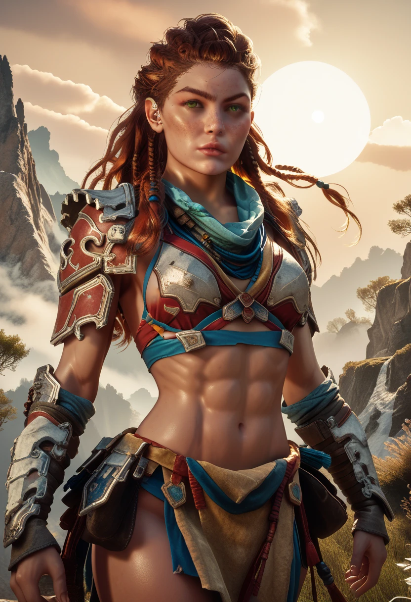 1woman, (Aloy:1.37), (Horizon Forbidden West Aloy:1.27),slim and slender, lightly toned muscles, reddish brown hair, braids and hair ornaments, detailed green eyes, freckles, (wearing bikini armor:1.37), midriff, thighs showing, ultra-detailed, beautifully detailed face, sharp green eyes, detailed lips, dynamic action pose, (cowboy shot:1.3), (wide angle), outdoor mountain landscape background, warm lighting, vibrant color palette, d3t41l3d