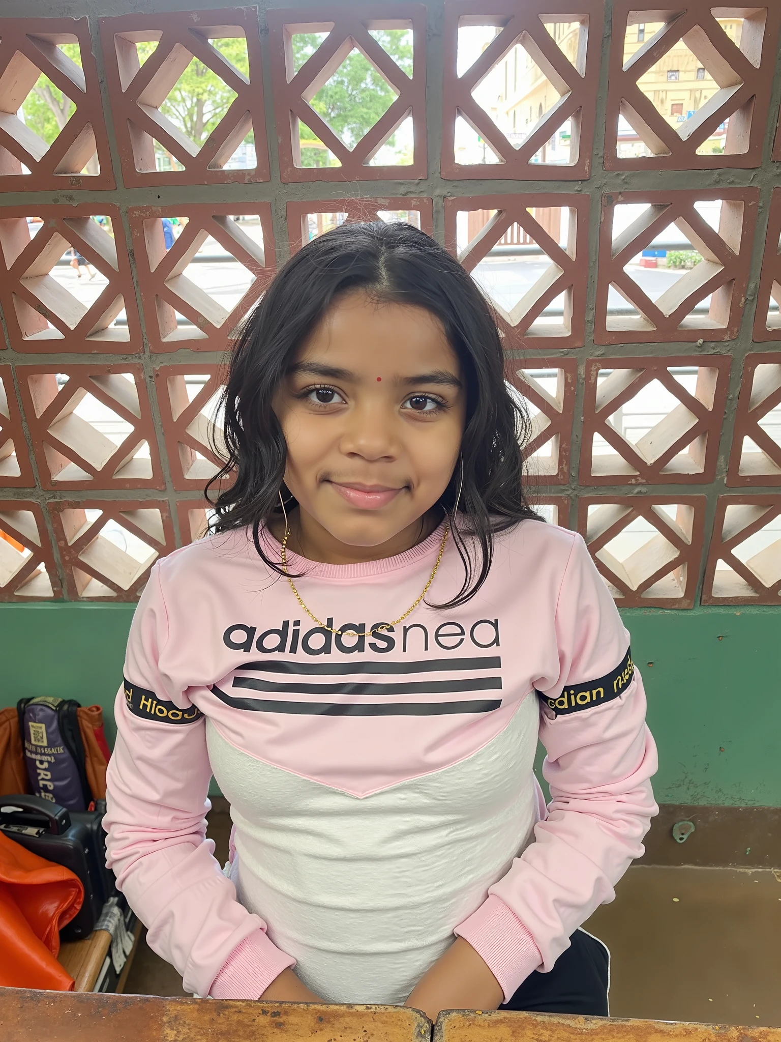 A girl with Indonesia face, approximately 16 ye girl can be seen in the process of peeing. Standing. Wet patch. Incontinence (urination:1.5) (face view to viewers)