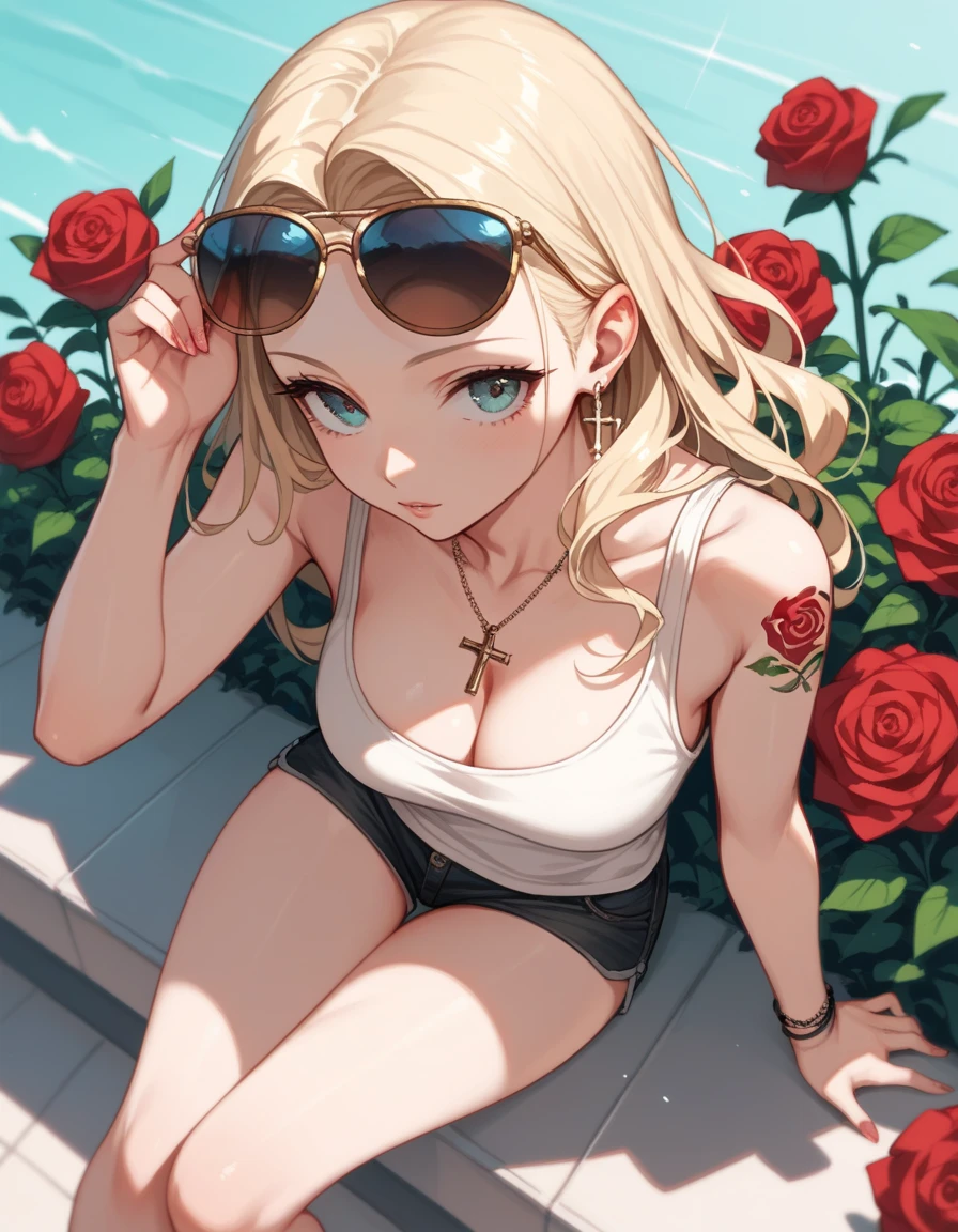 wide view, anime style, dynamic angle, hard light, blonde hair, short wavy hairstyle, 1 woman, tank top, short pants, rose tattoo on shoulder, sunglasses, forehead, side, cleavage, (cross her legs)