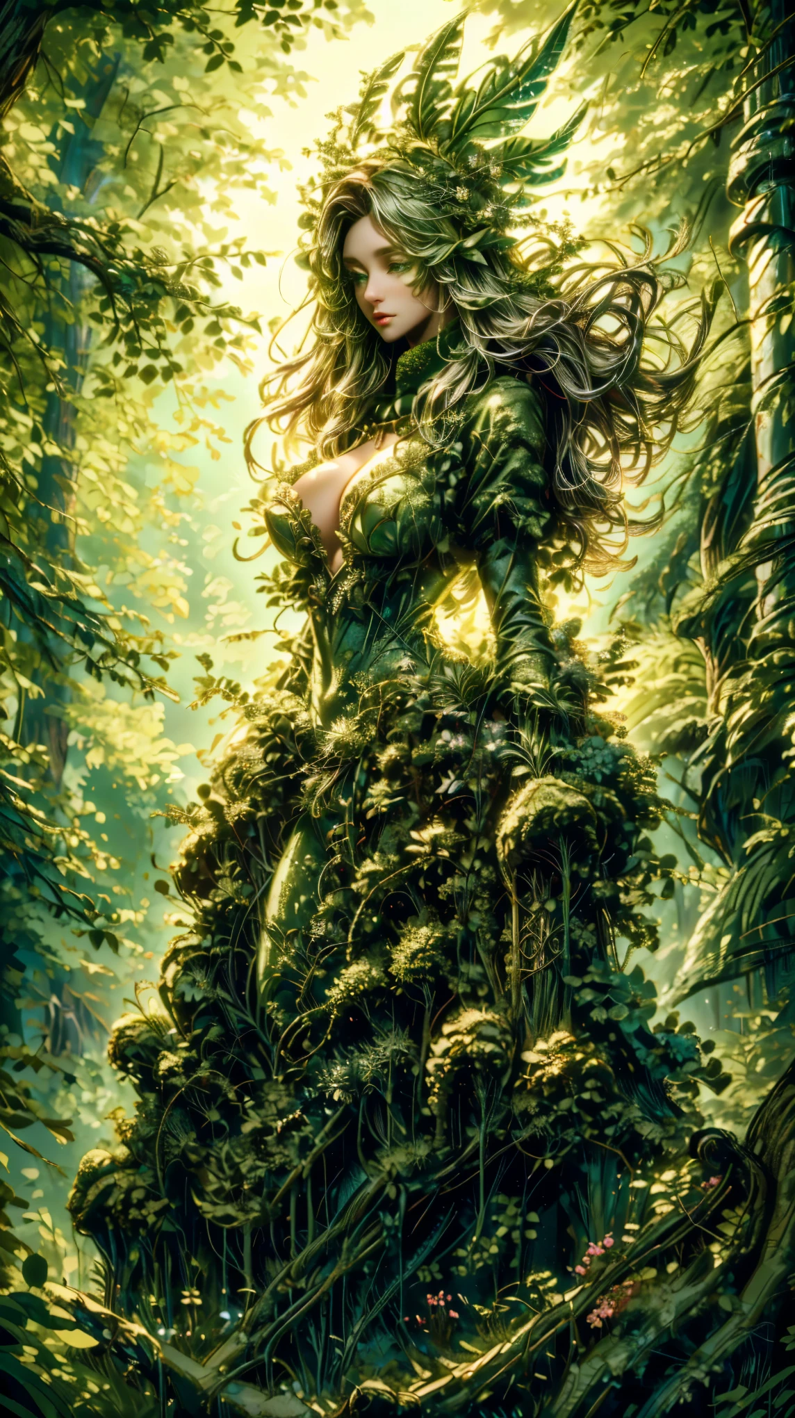  Picture of a woman in a forest with trees, Forest Goddess, Goddess of Nature, Goddess of Nature, Queen of Nature ,  the fairy queen of the summer forest , beautiful elegant Dryad, forest Dryad, Dryad in the forest, Queen of the Forest,  Fascinated by Nature's Spirits , Dryad,  Detailed Fantasy Art , Mother of Nature ,  Earth Goddess Mythology 、Change 、フェイスをTrainiに変える、I was reincarnated as a slime、Traini、Big Breasts、Hair is green