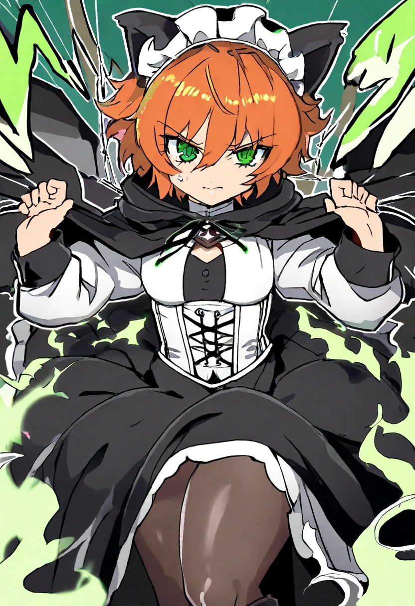  The image presents a character stylized in an anime or manga art style . This character appears to be a young muslin woman with orange hair with a determined or defiant expression.. She has short and messy hair and her hair color is orange , She has black cat ears ,  and a visible eye of a bright green color ,  while the other eye seems to be closed , , which intensifies his air of defiance or indifference .  His clothing is black and quite elaborate ,  with a design that recalls a Gothic corset , Maid Gotica ,  decorated with details such as crosses on his torso and leg . .} There are pointed, dark elements that project from your outfit ,  she also wears clothes with a black hood that reaches her waist but that she only wears over her shoulders,  giving him an imposing or intimidating look .  The composition of the outfit is combined with a dark and dynamic background with black flames that come out from behind ,  with white fragments or debris that seem to float or break around her ,  adding a sense of action or drama . The artistic style is dynamic ,  with thick, angular lines that accentuate the energy and intensity of the scene, The background is reddish. .