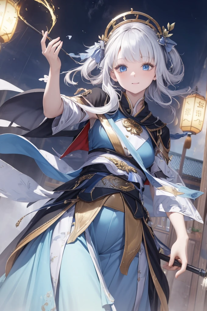 (  is the best quality ,4K,8K,  high resolution ,masterpiece:1.2),  extremely detailed , Mature Women ,,  magic  ,charm,joy, Holy Goddess ,  magic  al effect,Silver Hair,  blue eyes ，Thunder and lightning，Chinese fairy skirt，Skirt