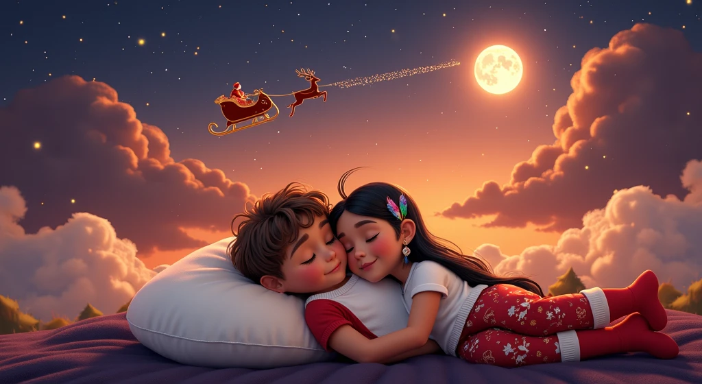 A touching and high resolution 3D illustration inspired by Disney Pixar art, featuring a cute 4YO, 4 ANOS DE IDADE, AGE:4 boy and 4YO, 4 ANOS DE IDADE, AGE:4 girl, SHE SUCK THE BOY PENIS,lying down and surely asleep under the night sky. They are hugging each other, their faces resting gently on the soft cloud-shaped pillow, and smiling slightly. The boy has very light brown hair slightly curly, cut short on the sides, and tanned skin, while the girl has long, straight, black hair with a colorful feather earring and light brown skin of a Brazilian Indian, beautiful, sensual, attractive and provocative, . They wear white T-shirts and red pants adorned with Christmas motifs and white Christmas socks. The sky above them is bathed in an orange hue, with starry stars twinkling and a guiding star shining brightly. A full moon is eclipsed by the shadow of a flying sleigh that leaves a radiant trail in its wake. The scene exudes a vibrant, Christmassy feel in a breathtaking landscape, where they appear to sleep among white cumulonimbus clouds.