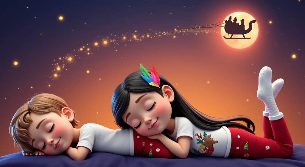 A touching and high resolution 3D illustration inspired by Disney Pixar art, featuring a cute 4YO, 4 ANOS DE IDADE, AGE:4 boy and 4YO, 4 ANOS DE IDADE, AGE:4 girl, lying down and surely asleep under the night sky. They are hugging each other, their faces resting gently on the soft cloud-shaped pillow, and smiling slightly. The boy has very light brown hair slightly curly, cut short on the sides, and tanned skin, while the girl has long, straight, black hair with a colorful feather earring and light brown skin of a Brazilian Indian, beautiful, sensual, attractive and provocative, . They wear white T-shirts and red pants adorned with Christmas motifs and white Christmas socks. The sky above them is bathed in an orange hue, with starry stars twinkling and a guiding star shining brightly. A full moon is eclipsed by the shadow of a flying sleigh that leaves a radiant trail in its wake. The scene exudes a vibrant, Christmassy feel in a breathtaking landscape, where they appear to sleep among white cumulonimbus clouds.