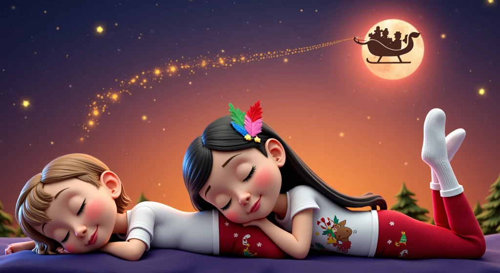 A touching and high resolution 3D illustration inspired by Disney Pixar art, featuring a cute 4YO, 4 ANOS DE IDADE, AGE:4 boy and 4YO, 4 ANOS DE IDADE, AGE:4 girl, lying down and surely asleep under the night sky. They are hugging each other, their faces resting gently on the soft cloud-shaped pillow, and smiling slightly. The boy has very light brown hair slightly curly, cut short on the sides, and tanned skin, while the girl has long, straight, black hair with a colorful feather earring and light brown skin of a Brazilian Indian, beautiful, sensual, attractive and provocative, . They wear white T-shirts and red pants adorned with Christmas motifs and white Christmas socks. The sky above them is bathed in an orange hue, with starry stars twinkling and a guiding star shining brightly. A full moon is eclipsed by the shadow of a flying sleigh that leaves a radiant trail in its wake. The scene exudes a vibrant, Christmassy feel in a breathtaking landscape, where they appear to sleep among white cumulonimbus clouds.