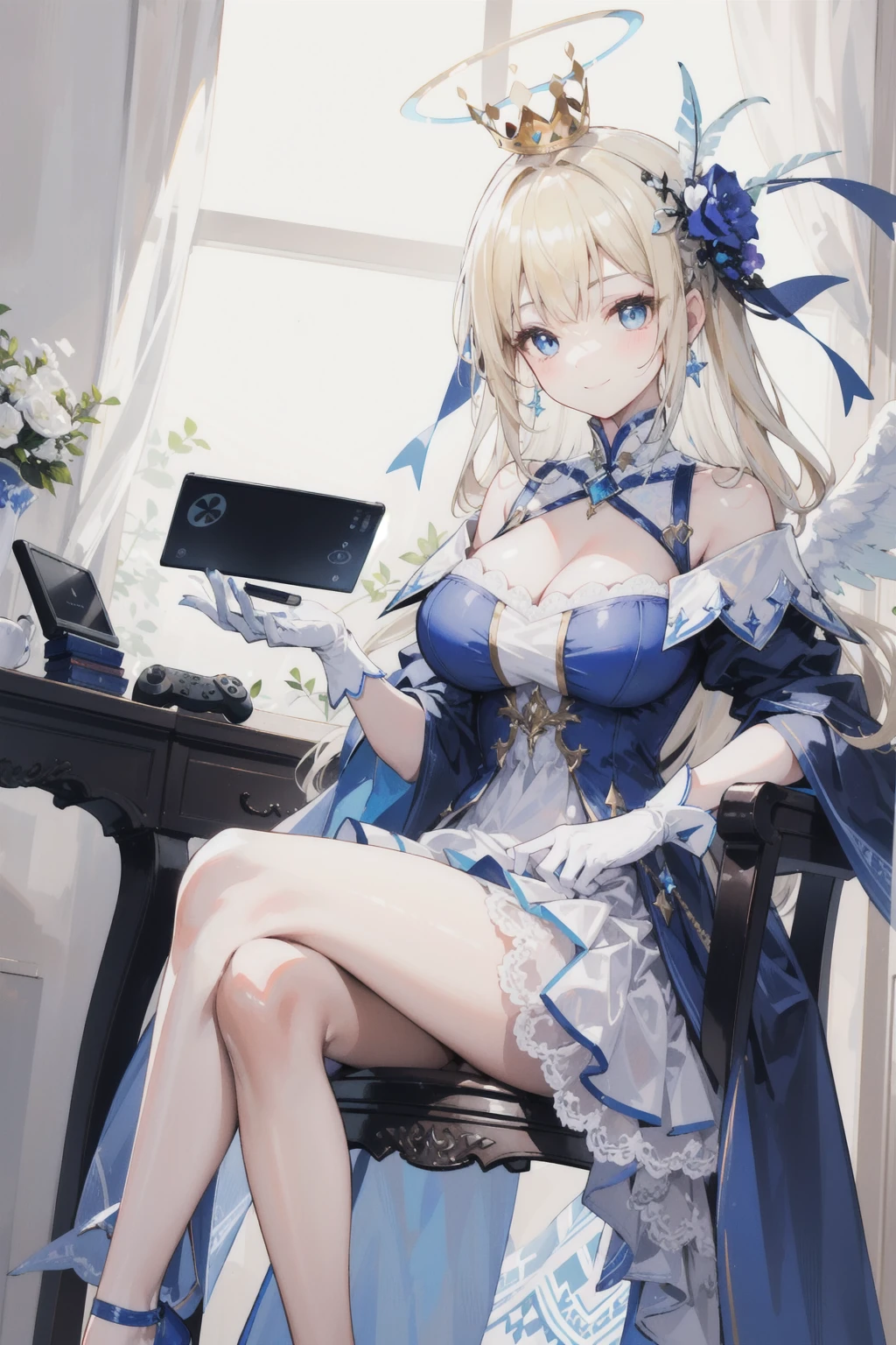 Cyborg, Girl, Beautiful girl, Cute, Sexy, Strong, Slender, Delicate, Smile, (ta costume), High legs, Metallic, ultra color, paisley, Headgear, mandalas, Near future, bunny ears headband, Helix lamp,blonde bob hair, blue eyes,
