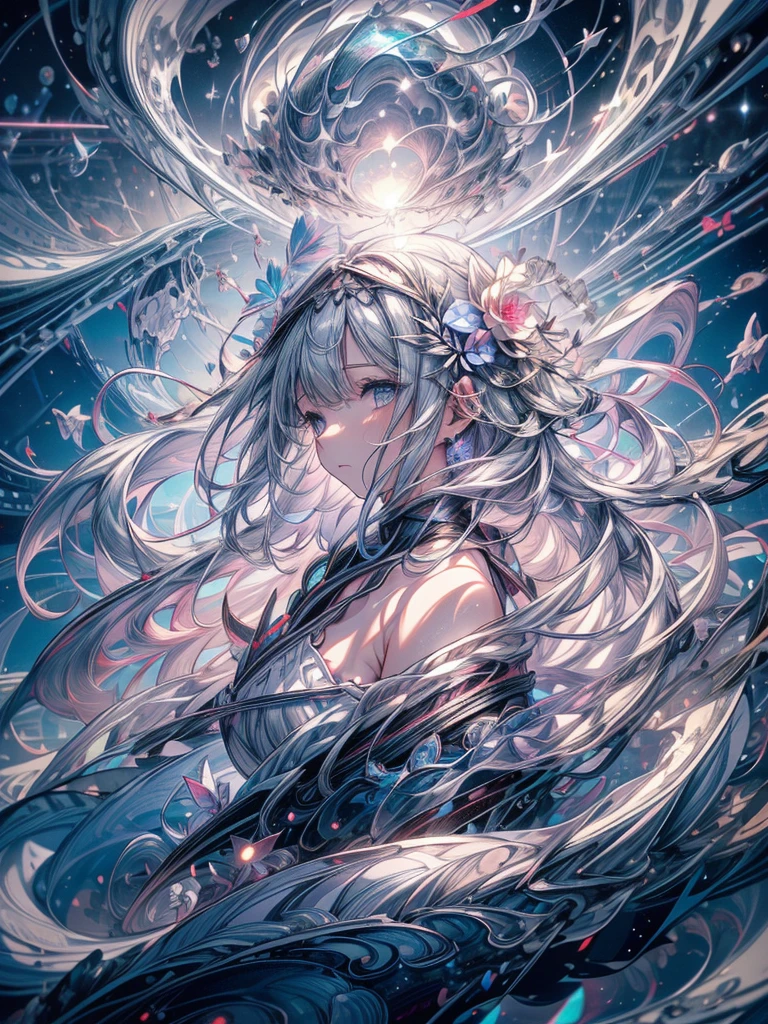 Break, waves,  1 girl, Very long hair,  Silver Slit Dress, 
Flowers Bloom ,  galaxy,  Spiral Nebula , birds,   Like a Dream ,
 is the best quality, masterpiece, Ultra- high resolution, illustration, Deep Shadows, edge light, 
Super exquisite, Clarify the focus, ( high resolution),  Distorted Depth of Field Blurred Background,  detailed background, Perfect Layered Cut ,