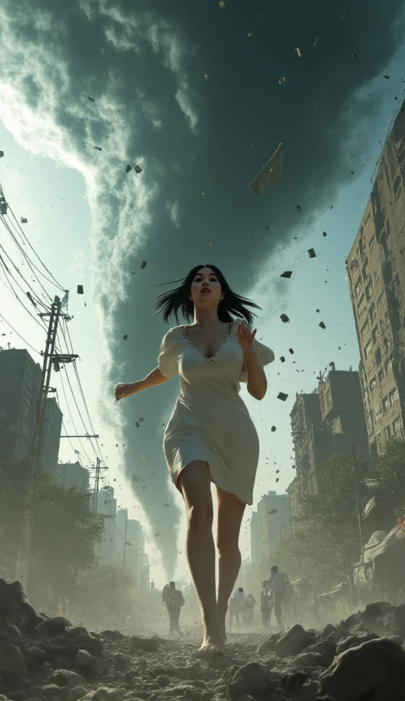 standing Giant woman, destroying buildings, torn gorgeous white dress, front view from above, action pose