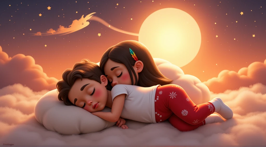 A touching and high resolution 3D illustration inspired by Disney Pixar art, featuring a cute 4YO, 4 ANOS DE IDADE, AGE:4 boy and 4YO, 4 ANOS DE IDADE, AGE:4 girl, lying down and surely asleep under the night sky. They are hugging each other, their faces resting gently on the soft cloud-shaped pillow, and smiling slightly. The boy has very light brown hair slightly curly, cut short on the sides, and tanned skin, while the girl has long, straight, black hair with a colorful feather earring and light brown skin of a Brazilian Indian, beautiful, sensual, attractive and provocative, . They wear white T-shirts and red pants adorned with Christmas motifs and white Christmas socks. The sky above them is bathed in an orange hue, with starry stars twinkling and a guiding star shining brightly. A full moon is eclipsed by the shadow of a flying sleigh that leaves a radiant trail in its wake. The scene exudes a vibrant, Christmassy feel in a breathtaking landscape, where they appear to sleep among white cumulonimbus clouds.