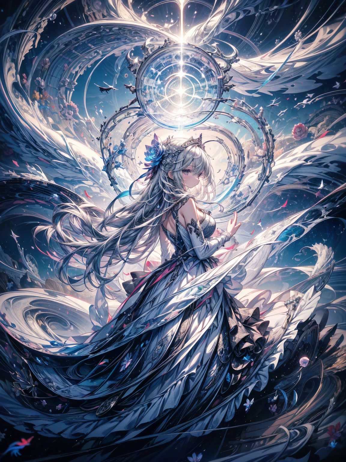 Break, waves,  1 girl, No.18, Very long hair,  Silver Slit Dress, 
Flowers Bloom ,  galaxy,  Spiral Nebula , birds,   Like a Dream ,
 is the best quality, masterpiece,  ultra high resolution, illustration, Deep Shadows, edge light, 