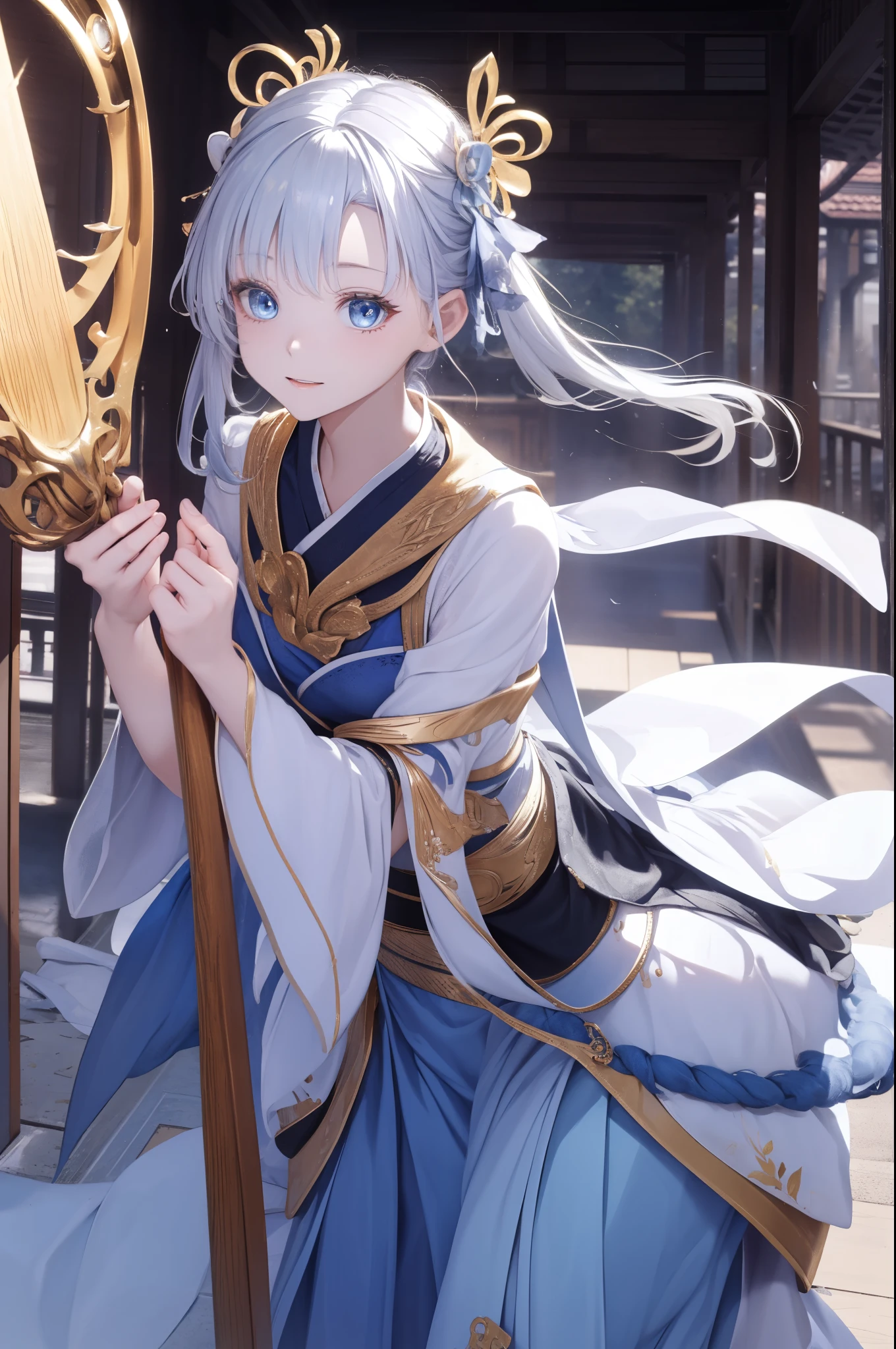 (  is the best quality ,4K,8K,  high resolution ,masterpiece:1.2),  extremely detailed , Mature Women ,,  magic  ,charm,joy, Holy Goddess ,  magic  al effect,Silver Hair,  blue eyes ，Thunder and lightning，Chinese fairy skirt，Skirt