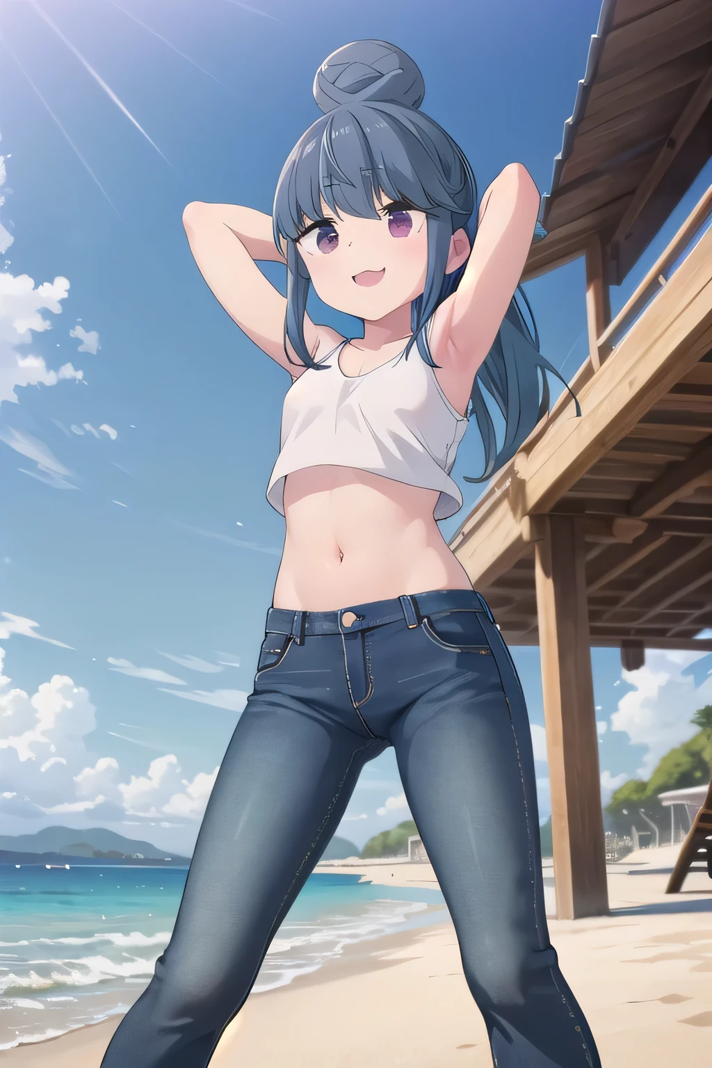 masterpiece,best quality,ultra detail,1girl, 14yo,petite, smile happily,background((under the beach, (day:1.2), under sand beach, bright sky)), {shima_rin_yurucamp:1.15}, long hair, Raise your arms and bring them behind your head, white tank top, white crop top, jeans, blue pants, (flares jeans 1:1), blue jeans, sex pose, (legs spread:3:1), orgasm, from below