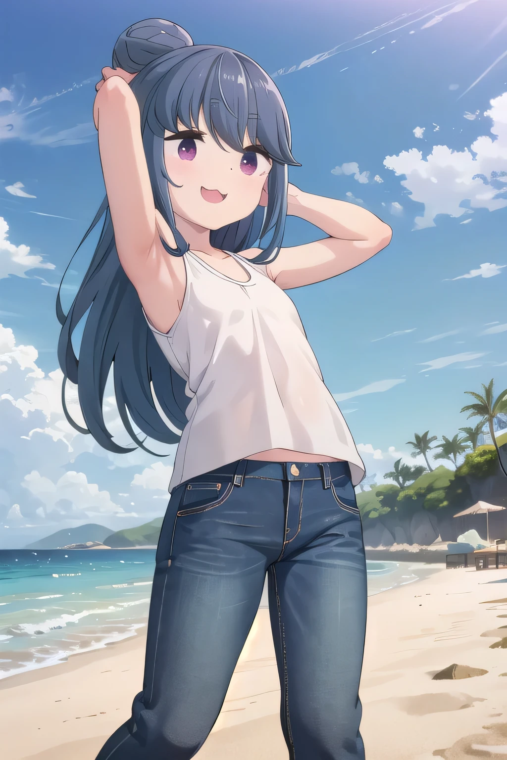 masterpiece,best quality,ultra detail,1girl, 14yo,petite, smile happily,background((under the beach, (day:1.2), under sand beach, bright sky)), {shima_rin_yurucamp:1.15}, long hair, Raise your arms and bring them behind your head, white tank top, white crop top, jeans, blue pants, (flares jeans 1:1), blue jeans, sex pose, (legs spread:3:1), orgasm, from below