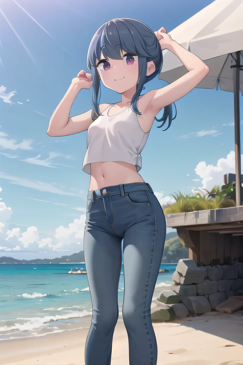 masterpiece,best quality,ultra detail,1girl, 14yo,petite, smile happily,background((under the beach, (day:1.2), under sand beach, bright sky)), {shima_rin_yurucamp:1.15}, long hair, Raise your arms and bring them behind your head, white tank top, white crop top, jeans, blue pants, (flares jeans 1:1), blue jeans, sex pose, (legs spread:3:1), orgasm, from below