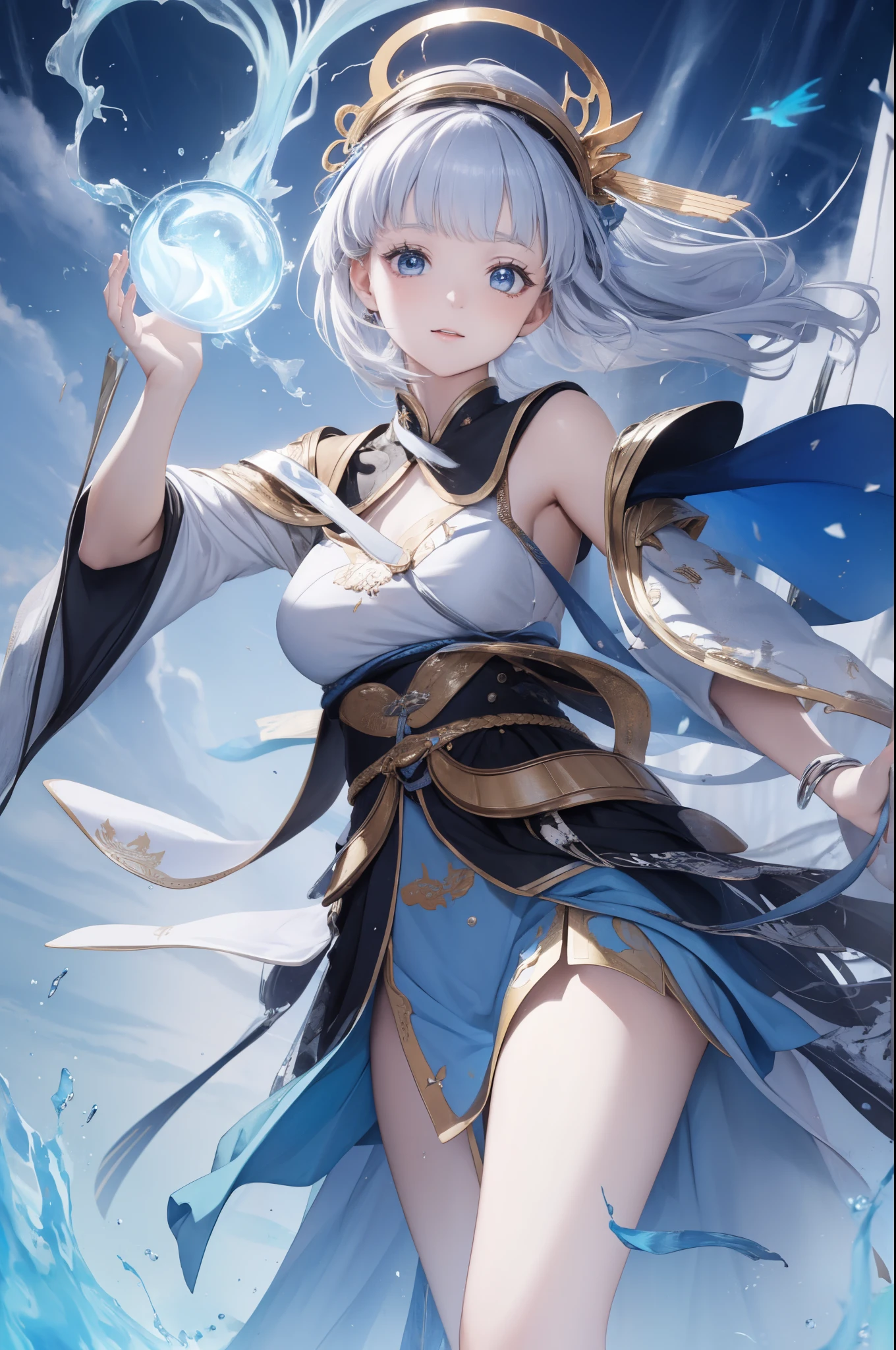 (  is the best quality ,4K,8K,  high resolution ,masterpiece:1.2),  extremely detailed , Mature Women ,,  magic  ,charm,joy, Holy Goddess ,  magic  al effect,Silver Hair,  blue eyes ，Thunder and lightning，Chinese fairy skirt，Skirt