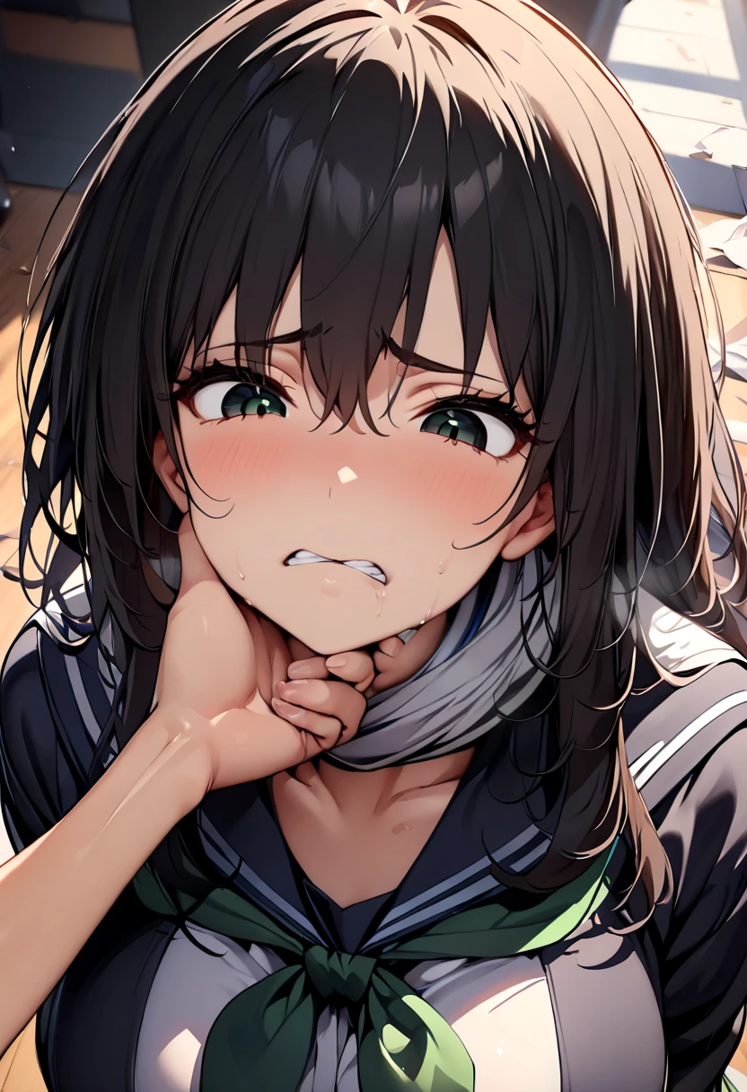 (  Masterpiece  ,   top quality:1.2), 1 girl, Alone,  expressive eyes,  squirm on the floor and look above, ((( looking at the camera))),  Female College Student,  Short Black Hair , ((( perfect face girl who wraps a neckerchief directly around her neck))), Big tits uniform, Troubled face, (Looking down), (((face shot))), (POV hand), (((POV grab your chin )))