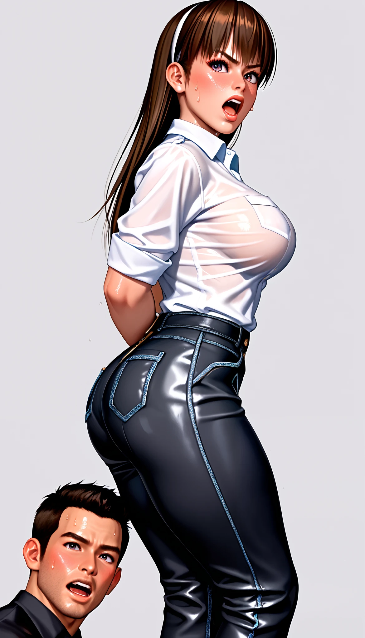 DOALeiFang, LeiFangDOA, gasp, 1girl ,1male,  {{ Man with girl's butt }}, shiny black pants, shiny white business shirt, arm-behind-back, {{ and bend your body backwards }}, OL, be breathless, sweat, sparkling sweat, trembling, long brown straight hair, breasts, [[angry]], blush, {anguish}, {{shameful}}, from side,