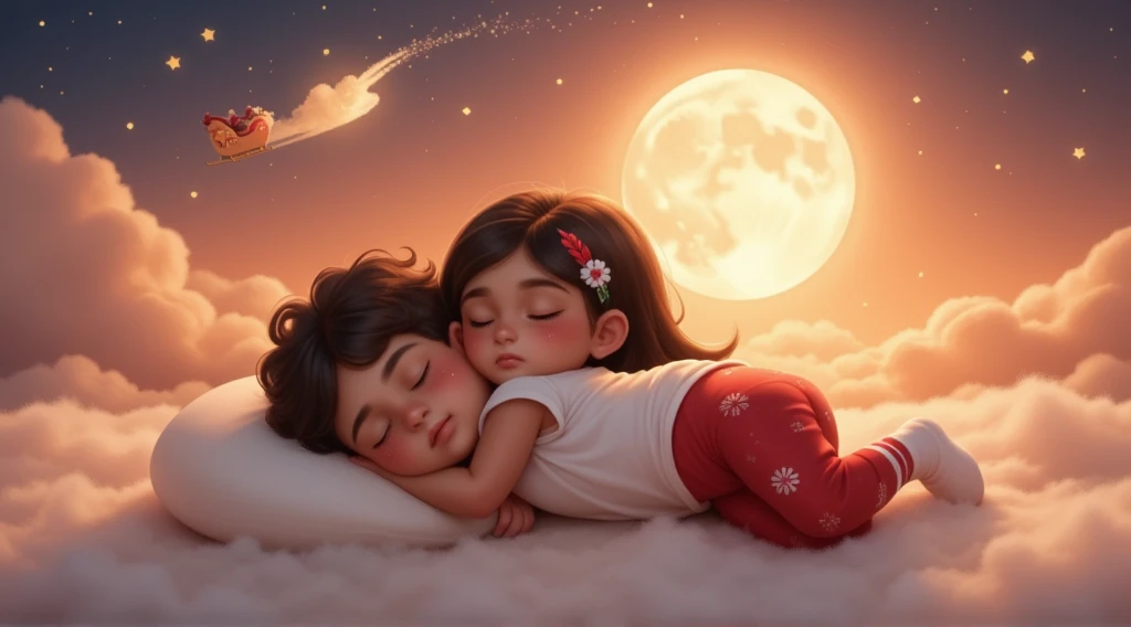 A touching and high resolution 3D illustration inspired by Disney Pixar art, featuring a cute 4YO, 4 ANOS DE IDADE, AGE:4 boy and 4YO, 4 ANOS DE IDADE, AGE:4 girl, lying down and surely asleep under the night sky. They are hugging each other, their faces resting gently on the soft cloud-shaped pillow, and smiling slightly. The boy has very light brown hair slightly curly, cut short on the sides, and tanned skin, while the girl has long, straight, black hair with a colorful feather earring and light brown skin of a Brazilian Indian, beautiful, sensual, attractive and provocative, . They wear white T-shirts and red pants adorned with Christmas motifs and white Christmas socks. The sky above them is bathed in an orange hue, with starry stars twinkling and a guiding star shining brightly. A full moon is eclipsed by the shadow of a flying sleigh that leaves a radiant trail in its wake. The scene exudes a vibrant, Christmassy feel in a breathtaking landscape, where they appear to sleep among white cumulonimbus clouds.