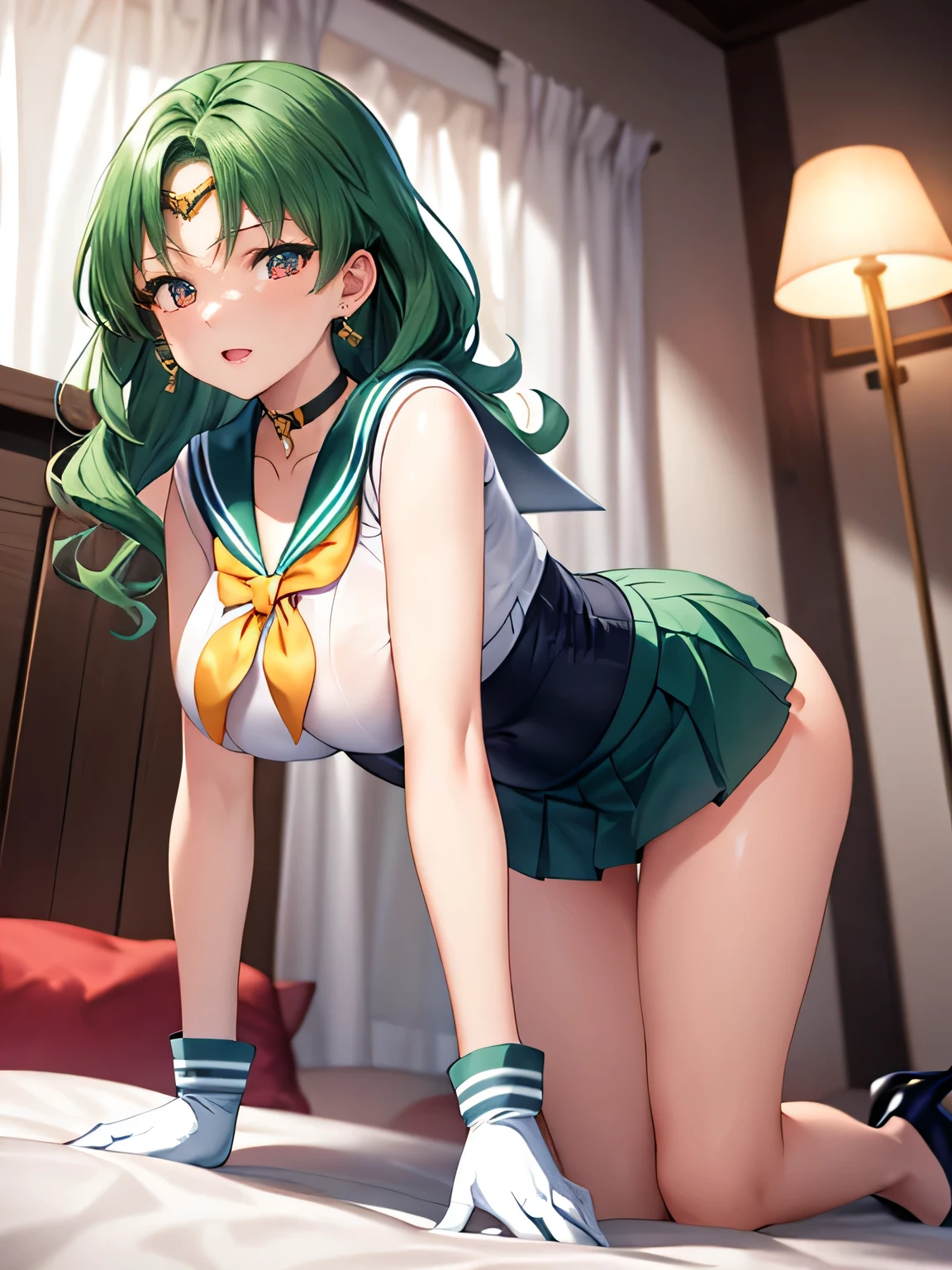 masterpiece,
 1 woman,  Sailor Neptune , (middle hair)。wavy hair。cowboy shot。from below。Dark Green Hair, (red eyes,blue eyes)。 glamour figure 。( sailor warrior uniform :1.3), Mini Skirt, seductive smile。 open your mouth slightly。Gold earrings。green neck choker , Golden Circlet, Elbow-length white gloves ,( green high heels)。 bedroom,( open legs:1.3),(On all fours :1.2), (Shrimp-like curve:1.1)。 slouching forward, (big boobs:1) Green bra。Green panties。