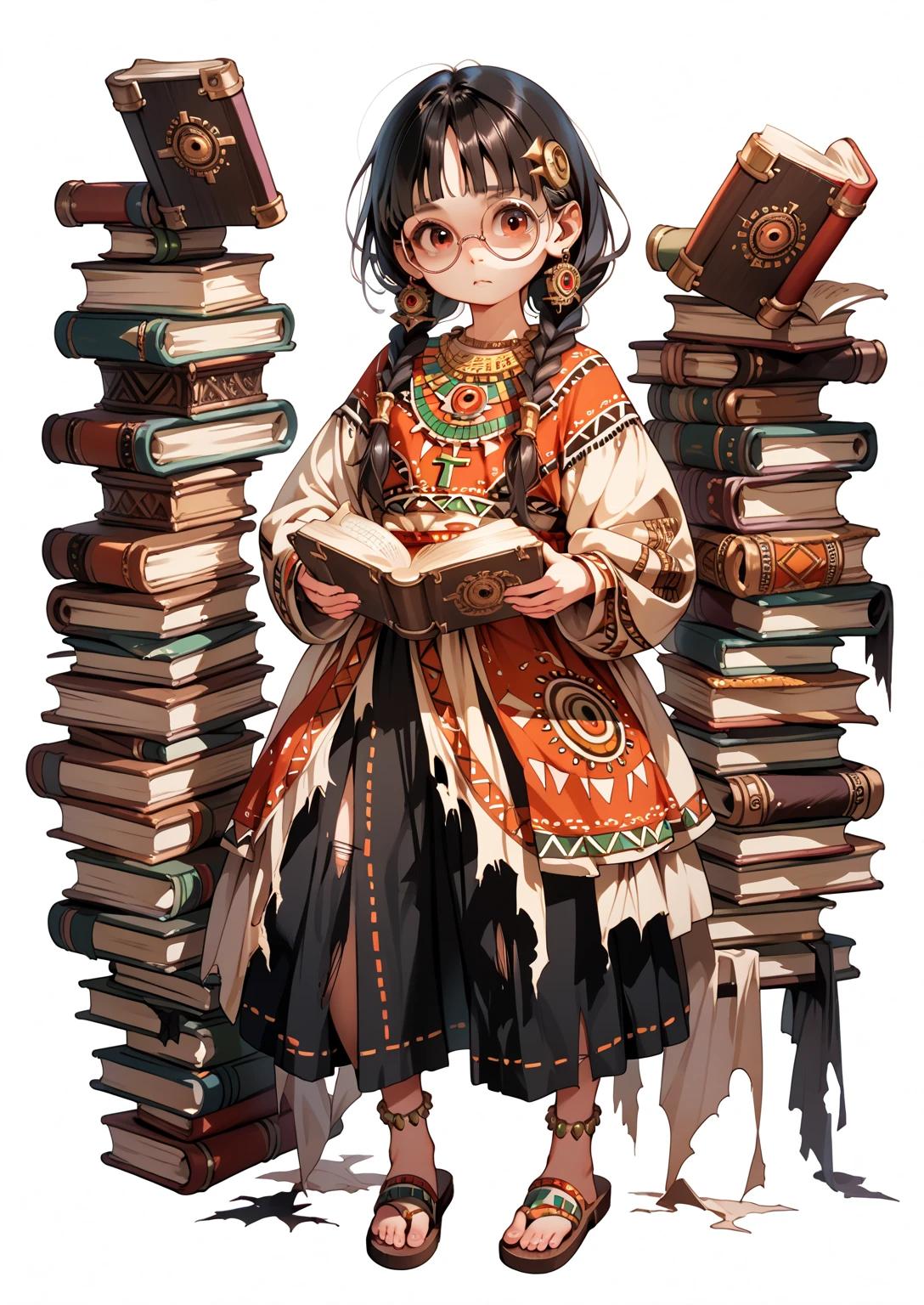 fullbody, **** demon, book, torn books, round glasses, aztec clothes, long clothes, long sleeves