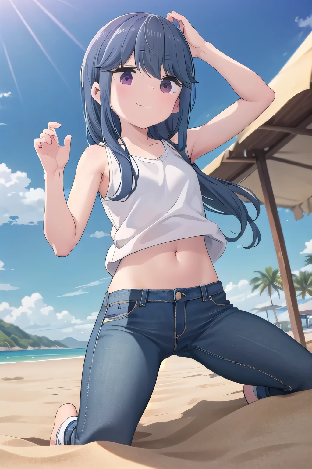 masterpiece,best quality,ultra detail,1girl, 14yo,petite, smile happily,background((under the beach, (day:1.2), under sand beach, bright sky)), {shima_rin_yurucamp:1.15}, long hair, Raise your arms and bring them behind your head, white tank top, white crop top, jeans, blue pants, (flares jeans 1:1), blue jeans, sex pose, (legs spread:3:1), orgasm, from below