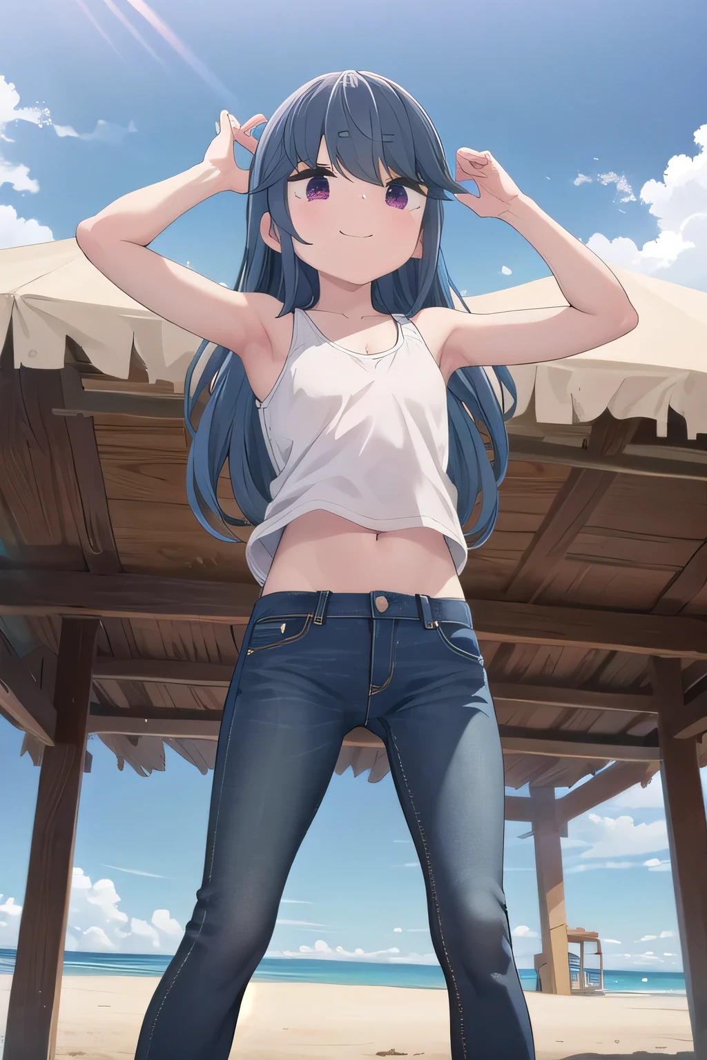 masterpiece,best quality,ultra detail,1girl, yo,pee, smile happily,background((under the beach, (day:1.2), under sand beach, bright sky)), {shima_rin_yurucamp:1.15}, long hair, Raise your arms and bring them behind your head, white tank top, white crop top, jeans, blue pants, (flares jeans 1:1), blue jeans, sex pose, (legs spread:3:1), orgasm, from below