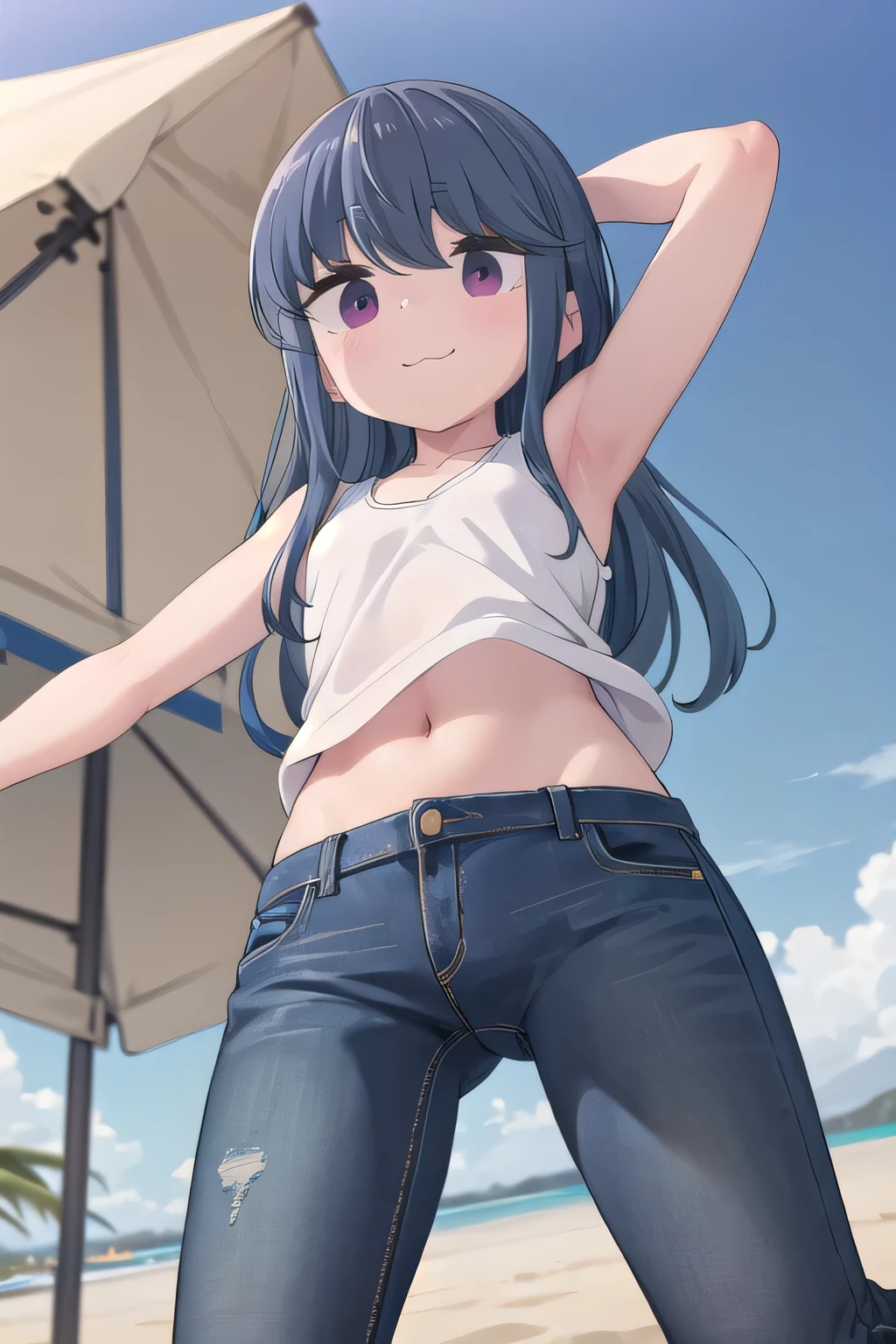 masterpiece,best quality,ultra detail,1girl, 14yo,petite, smile happily,background((under the beach, (day:1.2), under sand beach, bright sky)), {shima_rin_yurucamp:1.15}, long hair, Raise your arms and behind your head, white tank top, white crop top, jeans, blue pants, (flares jeans 1:1), blue jeans, sex pose, (legs spread:3:1), orgasm, from below