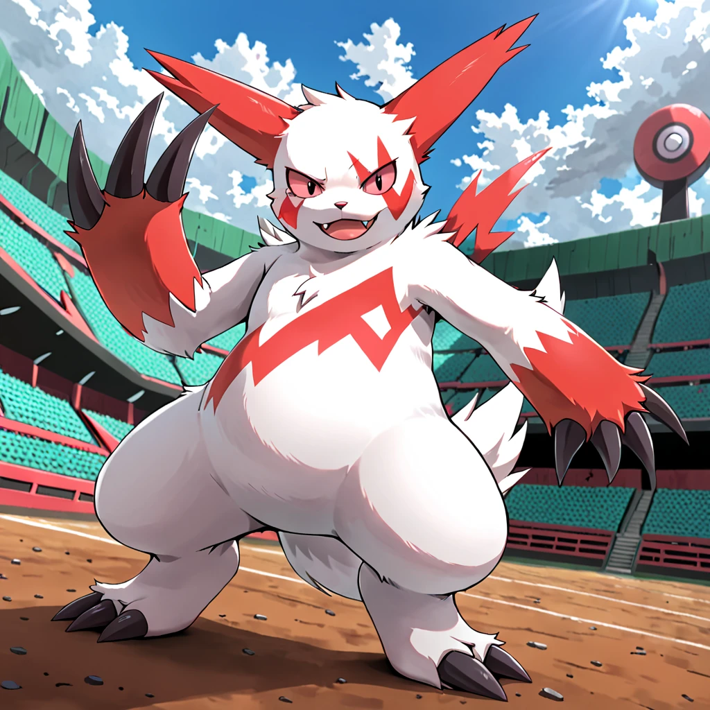 Zangoose, Pokémon, Solo, whole body, original pokemon design, jumps onto enemy, claws extended, battle arena landscape, white legs, white tail,