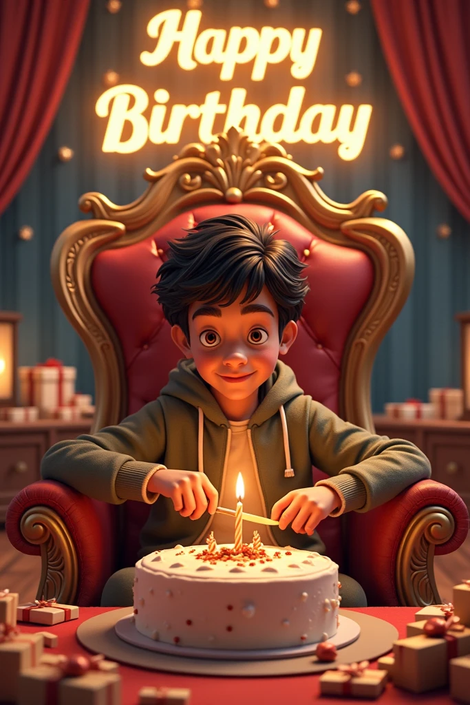Create a realistic a profile picture where a 20 year old Boy is cutting his birthday cake facing forward in smiling face, purple hoodie, Sitting casually on a Wingback Chair There are giftsIying on the ground along both sides of the chair. and the cake is lying in front of table, my username "SADAIN " written on the cake with Red Color, in my background HAPPY BIRTHDAY RAHUL written with Red Colors, with balloons in different colors attached on the white wall,