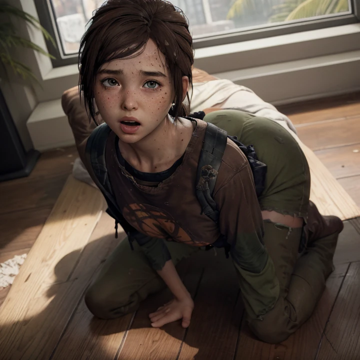   High resolution,   masterpiece  ,   Anatomically correct ,  a girl, alone, Ellie Williams ,  the Last of Us ,  short brown hair ,   green eyes,  cara detallada ,   turtleneck dress or brown t-shirt  ,  with 2 pale yellow palm tree logos,  room with vegetation ,   big breasts ,   seen from above  ,  torn clothes,   kneeling