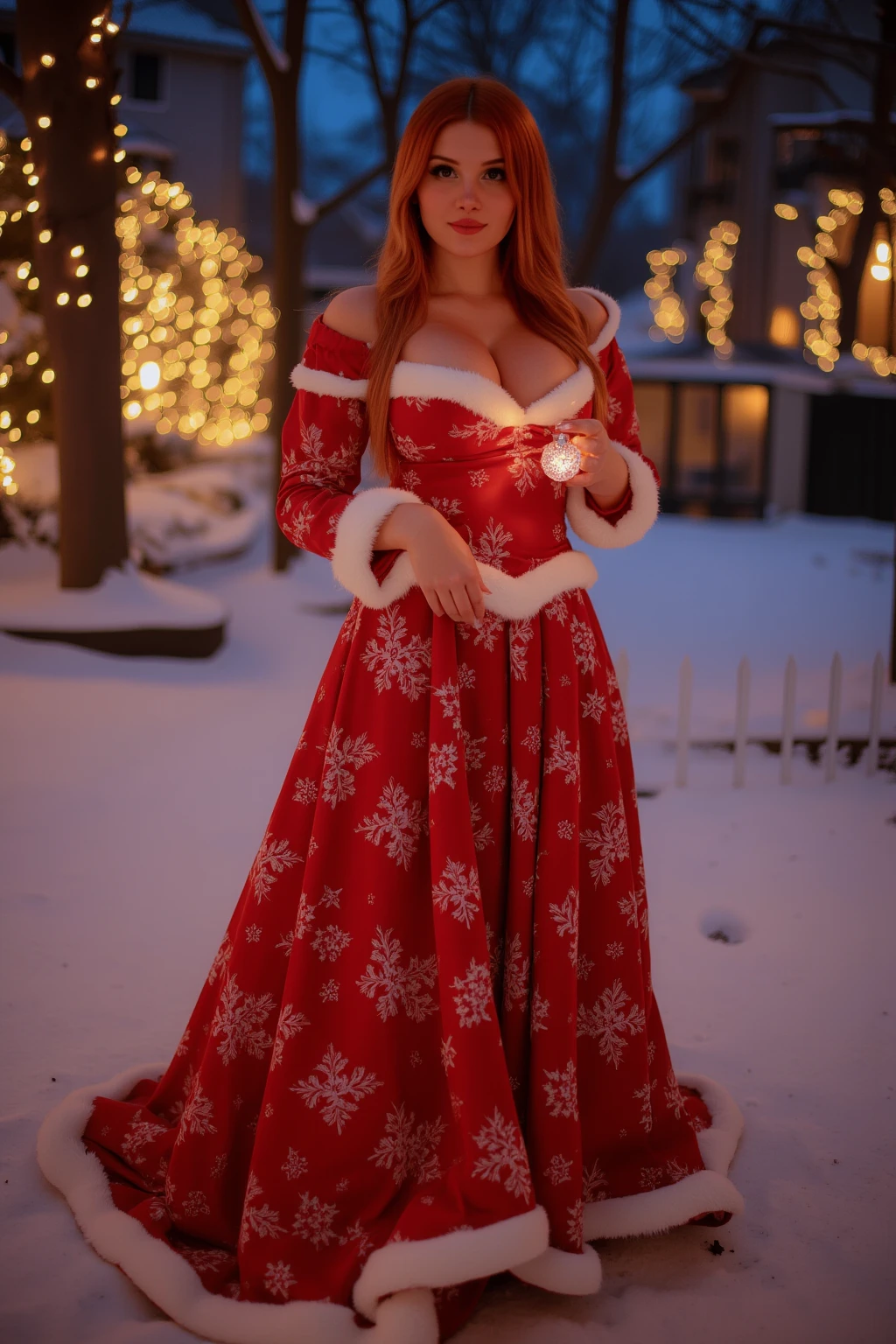 A glamorous woman in a red and white Santa-inspired gown, holding a sparkling ornament while standing in a snowy park lit by twinkling fairy lights --ar 5:4