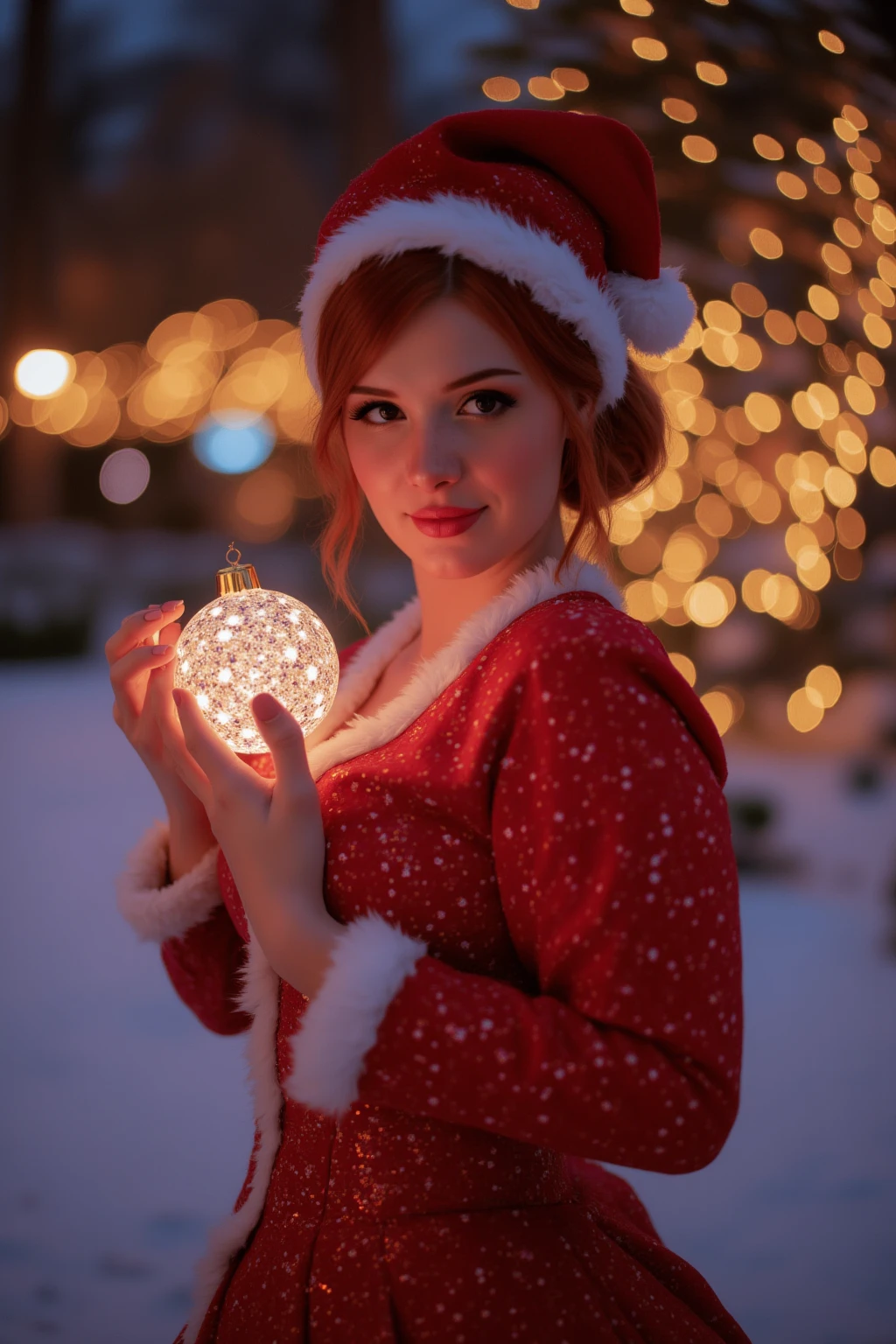 A glamorous woman in a red and white Santa-inspired gown, holding a sparkling ornament while standing in a snowy park lit by twinkling fairy lights --ar 5:4