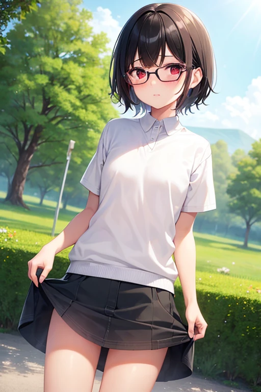 1girl, solo, white polo shirt, white sneakers, tennis wear, white miniskirt, masterpiece, best quality, realistic, hyper-detailed, (shiny skin, sweaty:1.4), absurd, looking at viewer, short black hair, brown eyes, slender, dynamic lighting, high resolution, sharp focus, depth of field, detailed eyes, sharp pupils, realistic pupils, (small breasts:1.6), (thick thighs:1.0), outdoor, sky