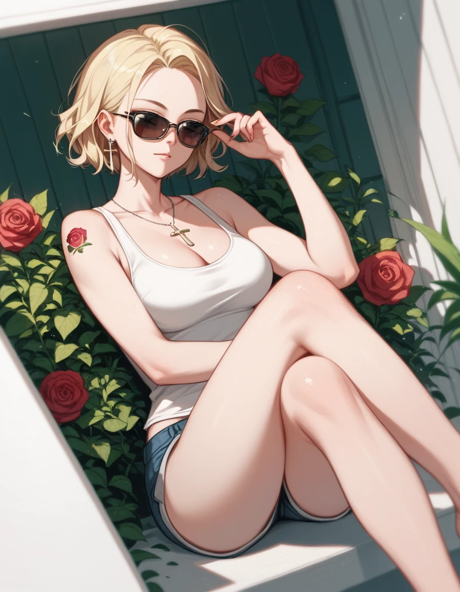 wide view, anime style, dynamic angle, hard light, blonde hair, short wavy hairstyle, 1 woman, tank top, short pants, rose tattoo on shoulder, sunglasses, forehead, side, cleavage, ((cross her legs))