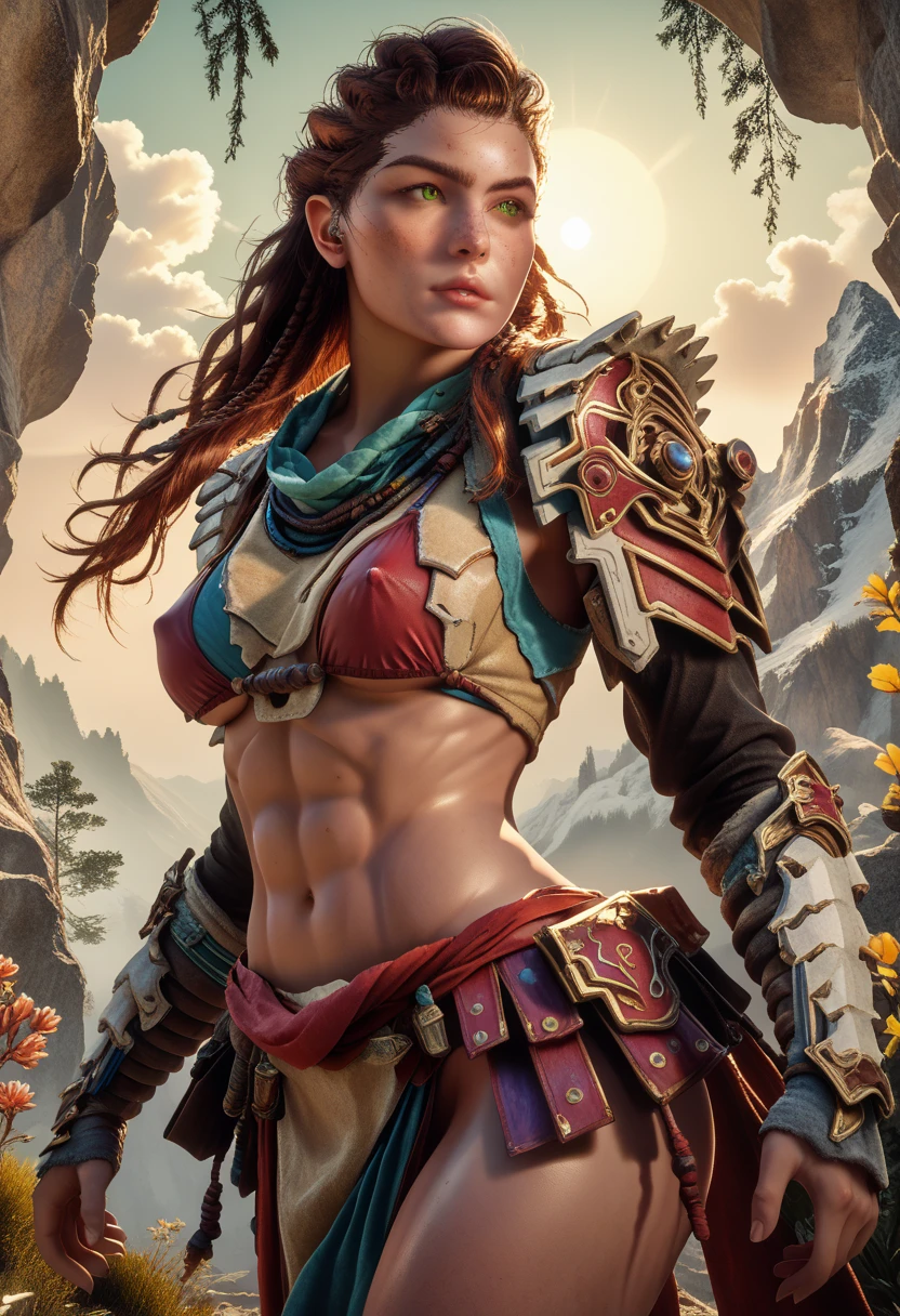 1woman, (Aloy:1.37), (Horizon Forbidden West Aloy:1.27),slim and slender, lightly toned muscles, reddish brown hair, braids and hair ornaments, detailed green eyes, freckles, (wearing string only micro bikini), (bikini armor:1.37), erect nipples, midriff, thighs showing, ultra-detailed, beautifully detailed face, sharp green eyes, detailed lips, dynamic action pose, (cowboy shot:1.3), (wide angle), outdoor mountain landscape background, warm lighting, vibrant color palette, d3t41l3d