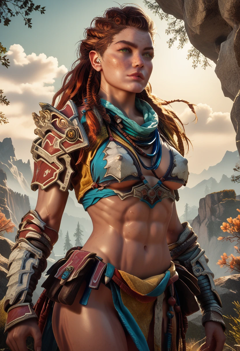 1woman, (Aloy:1.37), (Horizon Forbidden West Aloy:1.27),slim and slender, lightly toned muscles, reddish brown hair, braids and hair ornaments, detailed green eyes, freckles, (wearing string only micro bikini), (bikini armor:1.37), erect nipples, midriff, thighs showing, ultra-detailed, beautifully detailed face, sharp green eyes, detailed lips, dynamic action pose, (cowboy shot:1.3), (wide angle), outdoor mountain landscape background, warm lighting, vibrant color palette, d3t41l3d