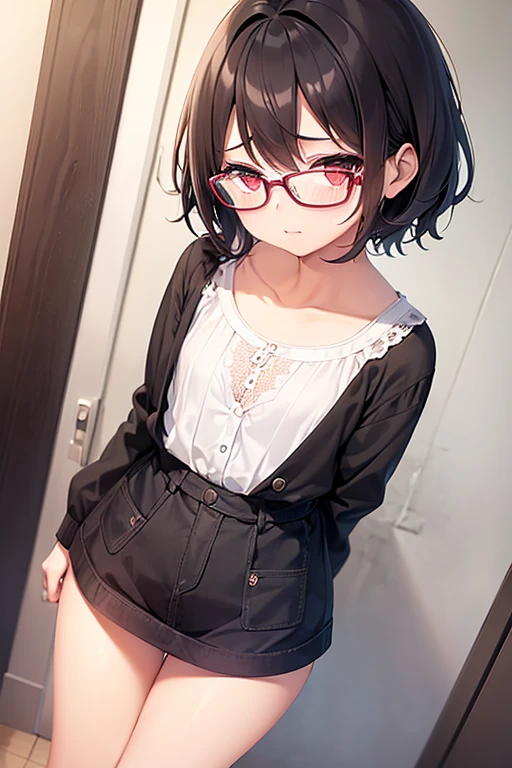 masterpiece, best quality, highres, aachizuru, long hair, twin braids, twintails, glasses, collarbone, black shirt, long sleeves, pants, jeans, standing, cowboy shot, my room,(nsfw:1.2),panties