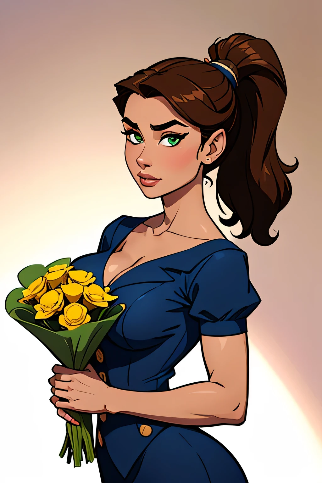( absurd, high quality , ultra detailed, watch out for your hand ) Close-up of a woman (flight attendant) athletic and skinny curvy , BOUQUET, 25 years, 8k (( high definition)), serious face, seductive look, green eyes , wearing a long dark blue dress (( V-neck, with buttons, short sleeves )), thin waist , pele caucasiana, Long brown hair (( with ponytail and fringe)), Walking inside an airplane (( upper body)), BOUQUET com sardas no peito e pescoço, (( medium and round breasts )), (( Well defined collarbone )). Marvel style (( high quality )), white background.