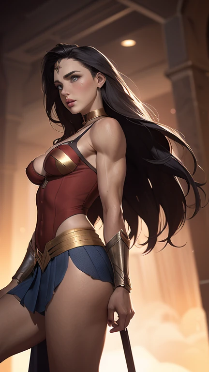 (Victoria's Secret Model Wonder Woman), begging for her life, defeated, Wonder Woman, (bent over, all fours:1.4), 1girl, single, solo, full body, looking at viewer, (from below:1.3), ((intricate details, makeup), (delicate and beautiful delicate face, delicate and beautiful delicate eyes, face with perfect proportions), (realistic moist skin: 0.5), (drenched body: 0.5), (wet skin), wet hair, high-detail skin, delicate skin, best proportions four fingers and one thumb, strong and realistic blue eyes, Realistic black hair, lips, makeup, natural skin texture, tiara, leotard, bulletproof cuffs, red boots, (public clothing:1.3), slightly sunburned skin tone, mature, sexy, elastic muscles, (muscles:1.2), ((strong and healthy body)), ((((more) muscles))), long legs, curves, thick thighs, wide buttocks, thin legs, (big breasts: 1.2), thin waist, soft waist, (delicate skin), (beautiful and sexy woman), (swollen lips): 0.9), (eyelashes: 1.2), very delicate muscle definition, ((top quality)), ((masterpiece)), ((realistic)), (detailed), detailed background, realistic texture, resolute look, basement, garbage, dirty,