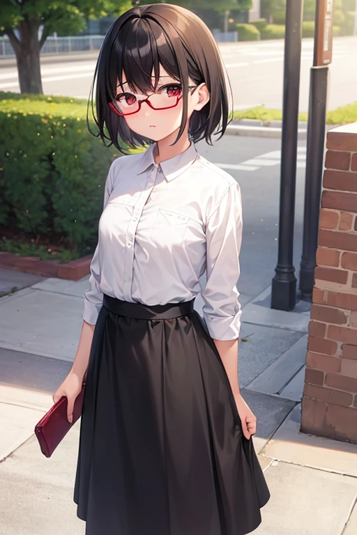 (masutepiece, Best Quality, Capture super cute moments, depth of fields, ultra-detailliert, Ultra High Resolution, C4D, Octadale, 3D Modeling, 8K, 16 K, one girls、a junior high school student、A dark-haired、short-hair、straight haired、Light brown eyes,hair adornments、wearing black glasses、Cute face), Recruit suit