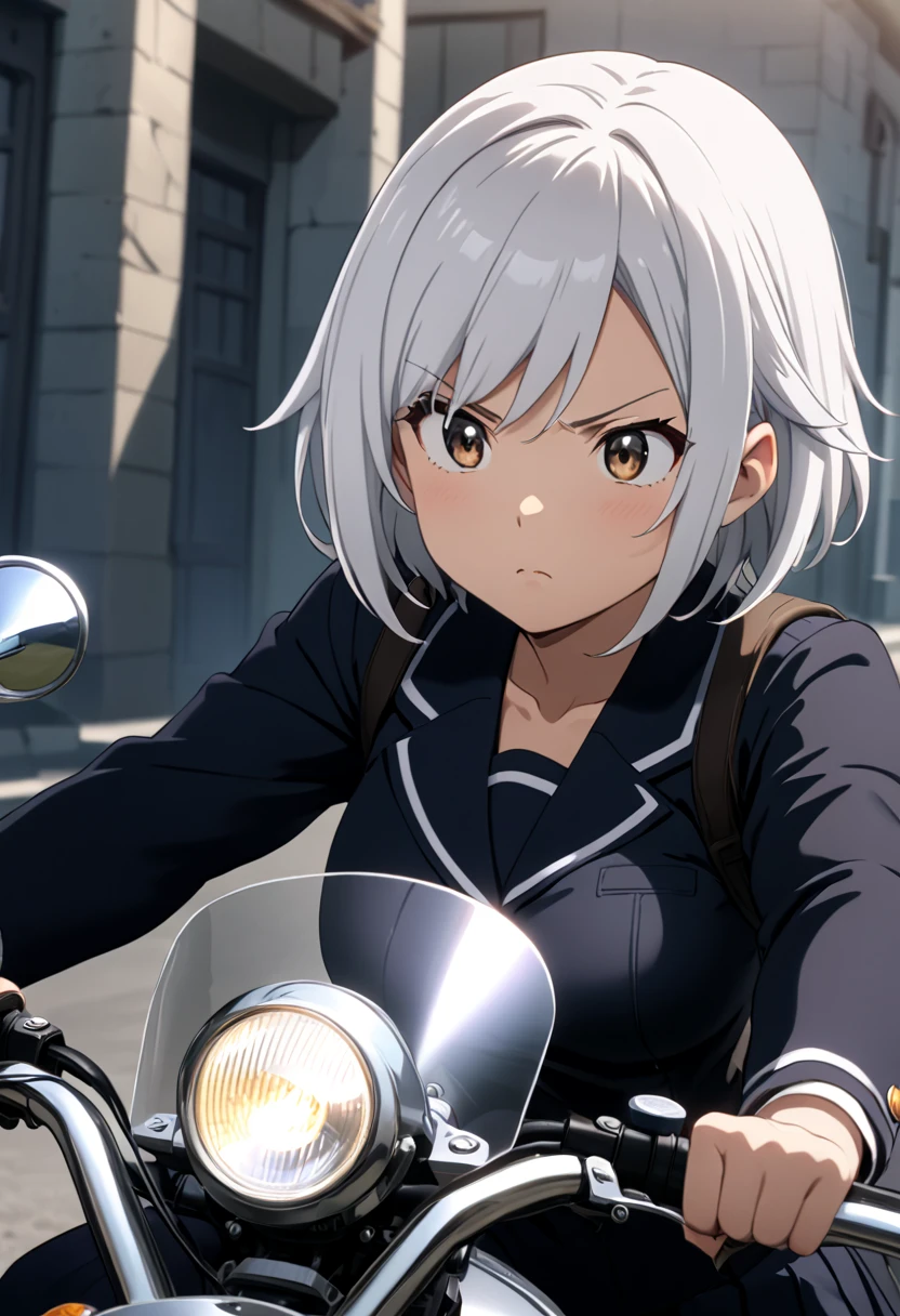 1girl, , cute, mature, fantasy, HD, , detail, textured skin, white hair, serious,anime, riding a cool motorcycle, wearing school uniform,short hair, 