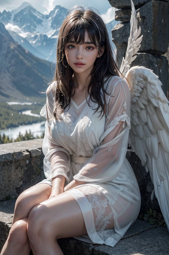 ((An angel resting its wings at high rocky mountain)),
((Sit with your knees hugged)),
big white wings,
(heavy rain, lightning),
(messy hair, bangs, wet skin),
perfect face, beautiful face,

Highest quality, Realistic, Photo Realistic, Award-winning photography, (Intricate details), (Subtle details), (Intricate details), (Cinematic Light), Sharp focus, 
