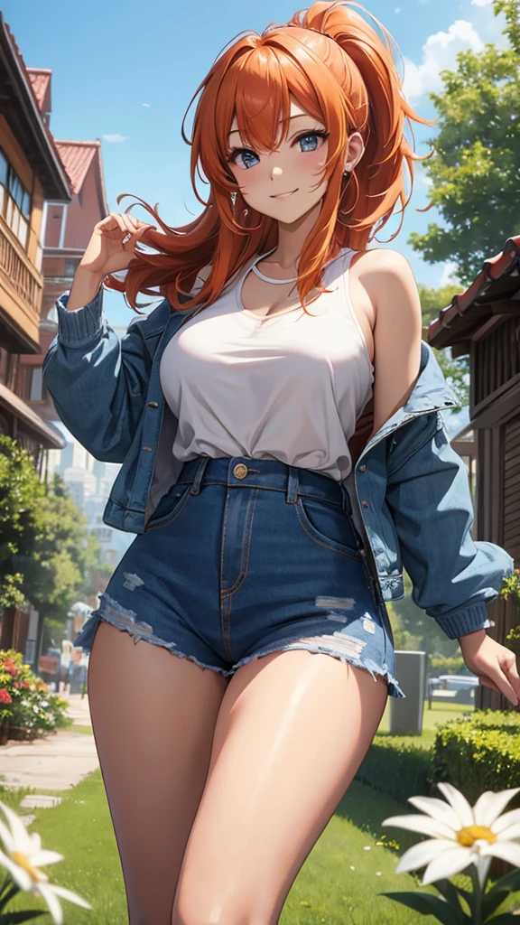 1girl, anime girl, anime, girl, 2d girl, 18y, (fullbody), standing, green eyes, smiling, blush, (long hair, single ponytail, red hair), ((blouse)), Solo, big , big breasts, sfw, Tight Shorts, low waist shorts, upshorts, the city background, flowers, afternoon sky, looking at viewer, darker shadows, (((sexy))), (((shorts))), (((absurdres))), (((thigh gap))), cameltoe, (((cameltoe))), (((cleft of venus))), (((lowleg shorts))),