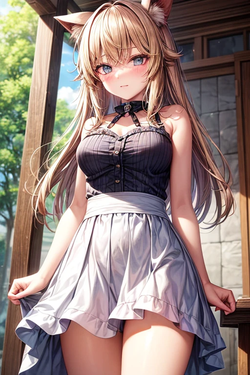 highest quality、4K quality、lean against the wall、Beautiful cleavage、high school gal、Frilled Skirt、Beautiful Style、tall、Small breasts、Shooting from behind、Looking back、Bare buttocks、Small Ass、blonde ponytail、Shy face、Bare shoulders、ultra detail eye