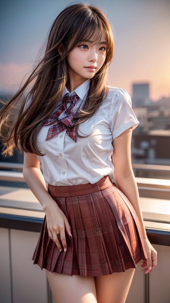 1ung girl, laugh shyly, (highly detailed eyes, highly detailed hair, highly detailed face), extremely detailed CG unified 8k wallpaper, Highly detailed, High-definition raw color photos, Professional Photography, Realistic portrait, Cinematic Light, Bangs, (Beautiful breasts), (High school uniform with wide open breasts:1.25), (Pleated mini skirt:1.2), hair blowing in the wind, (no panties:1.3), sitting, spread legs wide open, outdoors, beach, (beautiful sunset:1.2), (((Bokeh))), depth of fields, (View from below),