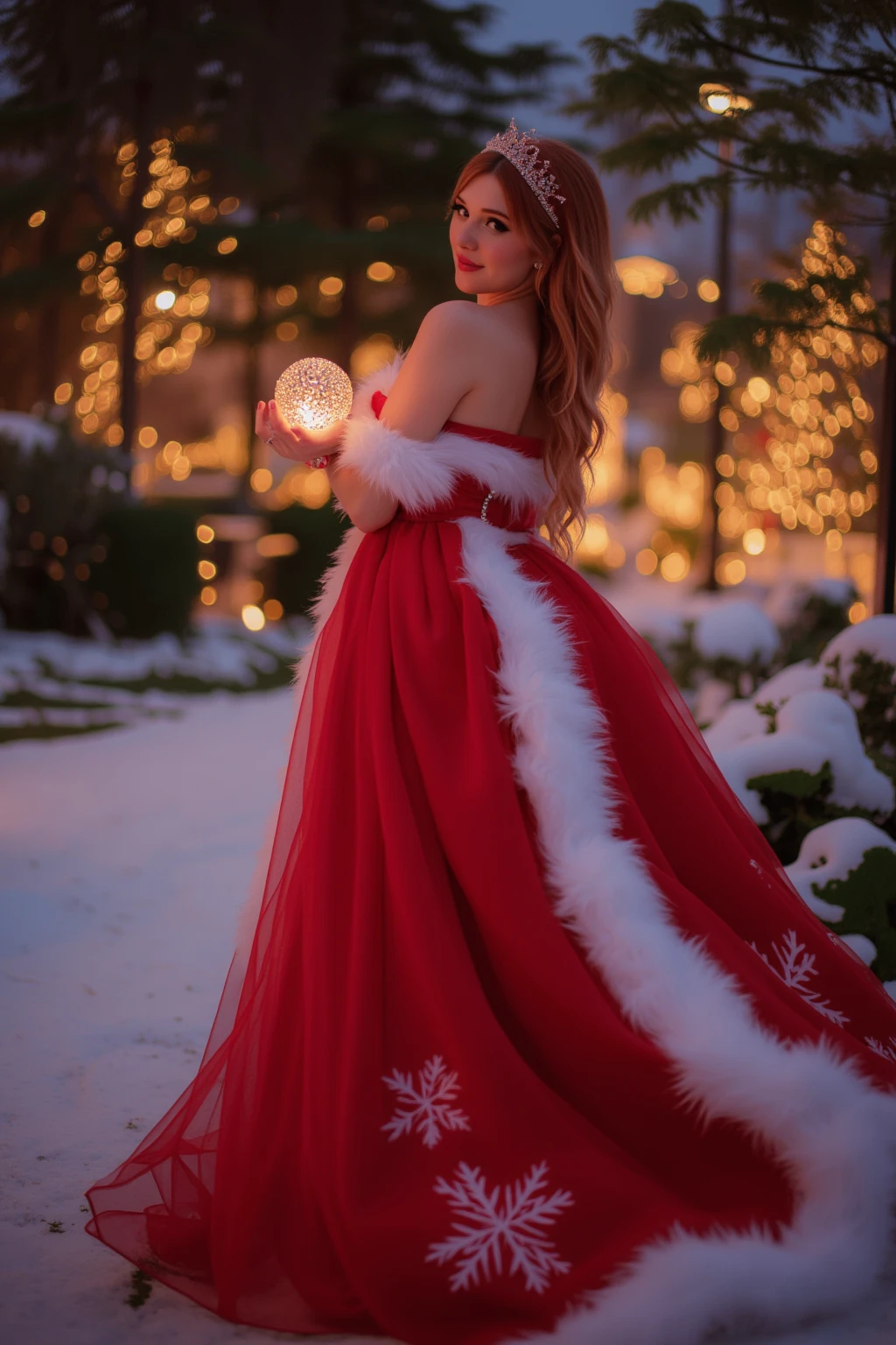 A glamorous woman in a red and white Santa-inspired gown, holding a sparkling ornament while standing in a snowy park lit by twinkling fairy lights --ar 5:4