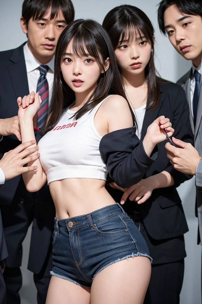16K quality、highest quality, It is high resolution., Real photo, (Teenage girl), ((Office Lady and Many Men))、((Full body portrait))、((office、skyscraper))、((A large group of molesters surround a woman:1.8)) 、(((Chest grab, Grab your ass, Many men around her grabbing her breasts, Multiple hands, Thigh touched、Having your groin touched、 Clothes are pulled、Grabbed by clothey whole body is being played with)))、((White blouse、Black tight mini skirt))、 ((Beautiful golden hair、Put out your ears))、((Put your hands behind your head))、choker、(ＣCup Breast)、((Her skirt lifts up to reveal her white panties))、(High cut high leg white panties)、A clear, beautiful face and well-proportioned eyes, ( Very beautiful and subtle makeup, Light makeup、A neat nose、Thin eyebrows), Border Light、Beautiful eyeshadow、Be sexually aroused、smile、Detailed and beautiful lips , Cute round face, Plump thighs、Hairstyle with bangs、Slender body、slim、Light-reflecting skin、Detailed fingers、Beautiful Eyes、Long eyelashes、８Head to Body、Low - Angle、The light reflected in your eyes、Smaller face、double eyelid、Big Eyes、Lip gloss、looking at the camera、Background blur、Movie lighting from the front、Light on face、