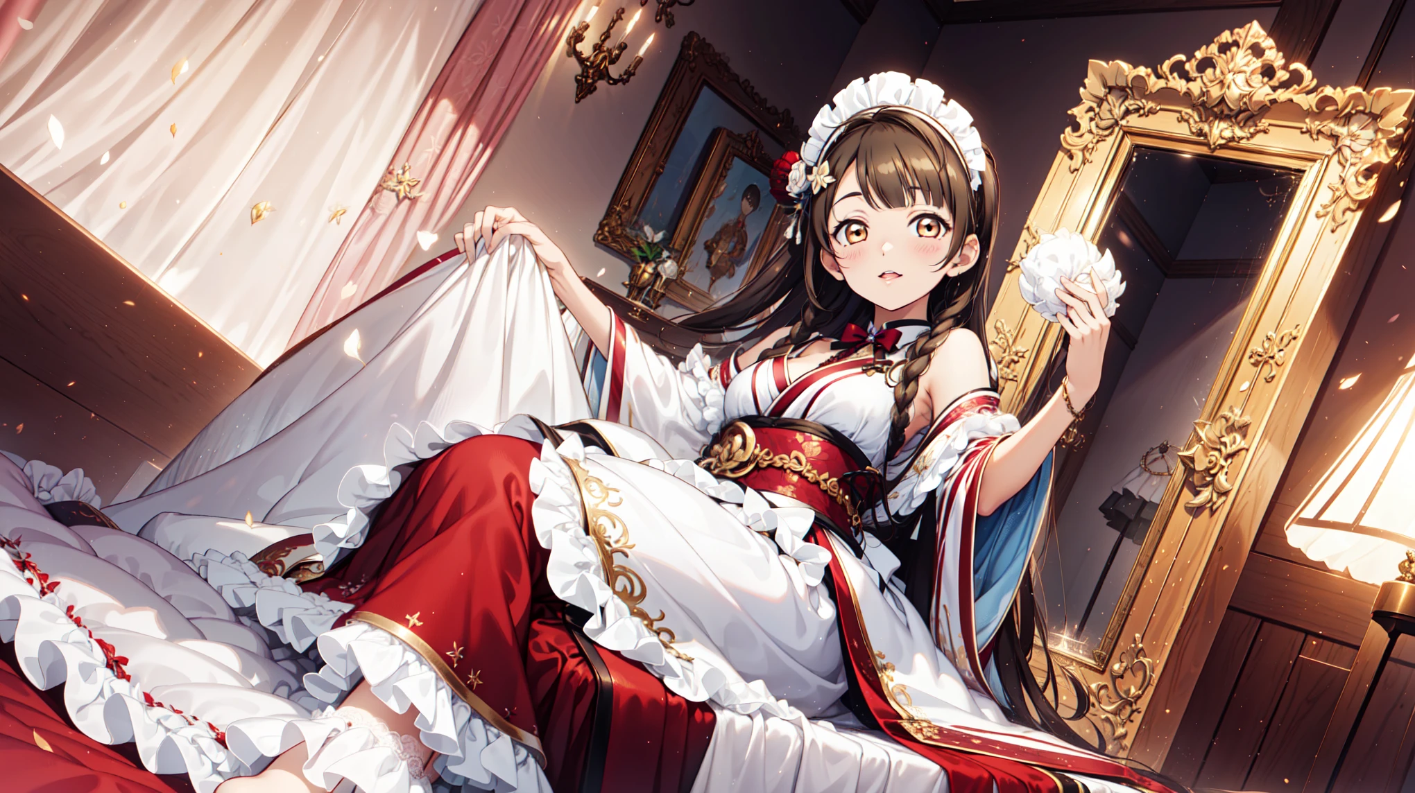 Minami Kotori,Headdress, with golden eyes, brown hair ,Colorful costumes, high quality high resolution masterpiece, Unity 8k wallpaper, illustration, Delicate Eyes, has rich facial details , High precision CG , shiny lips , Light makeup,Lace,Transparent fabric,Transparent clothing,Japanese maid costume,Lovely room with decor