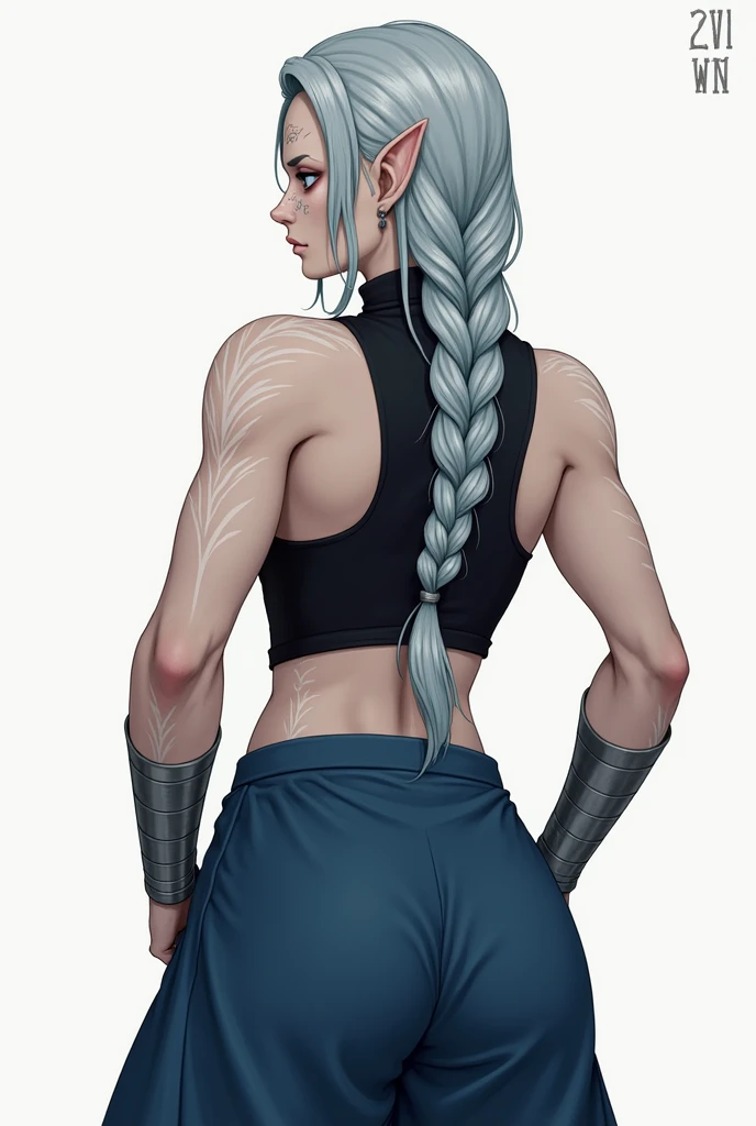 Short-eared Elf , medium height ,  muscles in the arms and torso, severe appearance,  very long silver hair with bluish and peaked tips usually tied in a thick braid,   pale skin with white tattoos in the shape of fine lines adorning the arms ,legs and neck like very soft rays  ,  small Tb lines on the forehead forming spirals  , wide pants in the color blue  ,  tight black blouse with high collar bare back and hollowed sleeves  ,armor like silver bracelets covering the arm from the wrist to the elbow